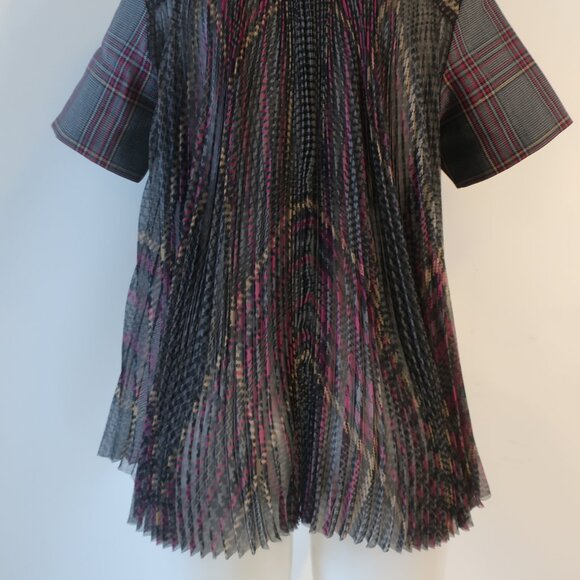 Women Sacai Black Gray Burgundy Plaid Short Sleeve Pleated Top Blouse M - Picture 10 of 14